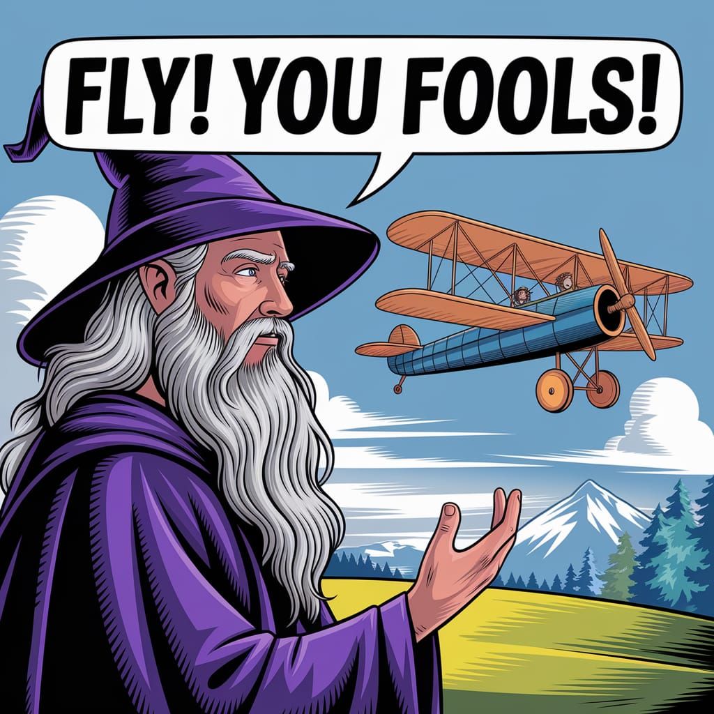 Gandalf watches the Wright brothers near Kitty Hawk