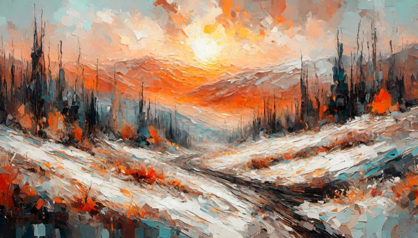 <lora:Abstract landscapes:1.0> Abstract landscape, sunset winter