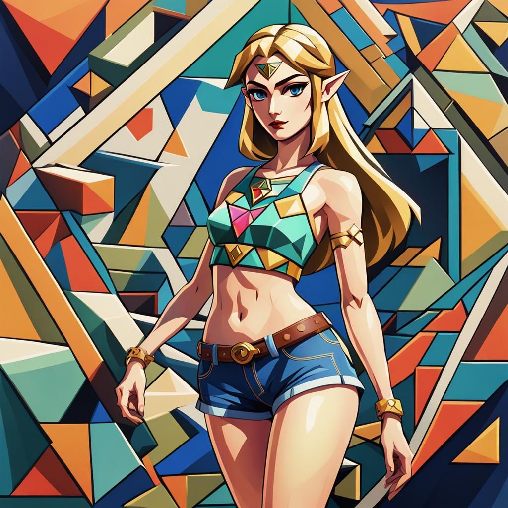 Princess Zelda wearing a bikini top and jean shorts