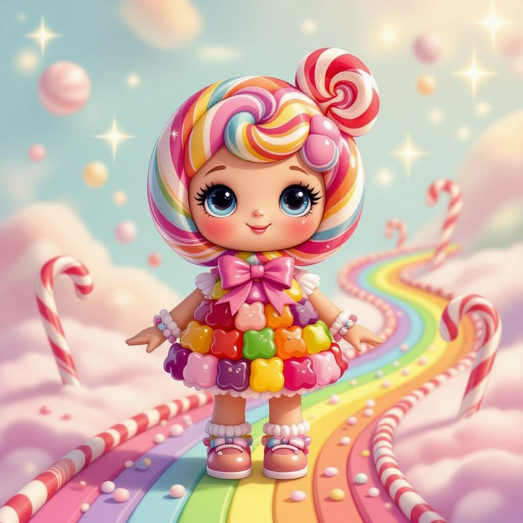 Whimsical Candy Doll on Rainbow Path