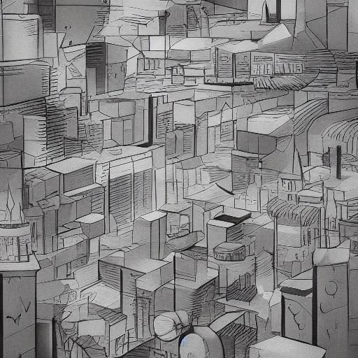 Seal Script Calligraphy Landscape Painting in Cubist Style