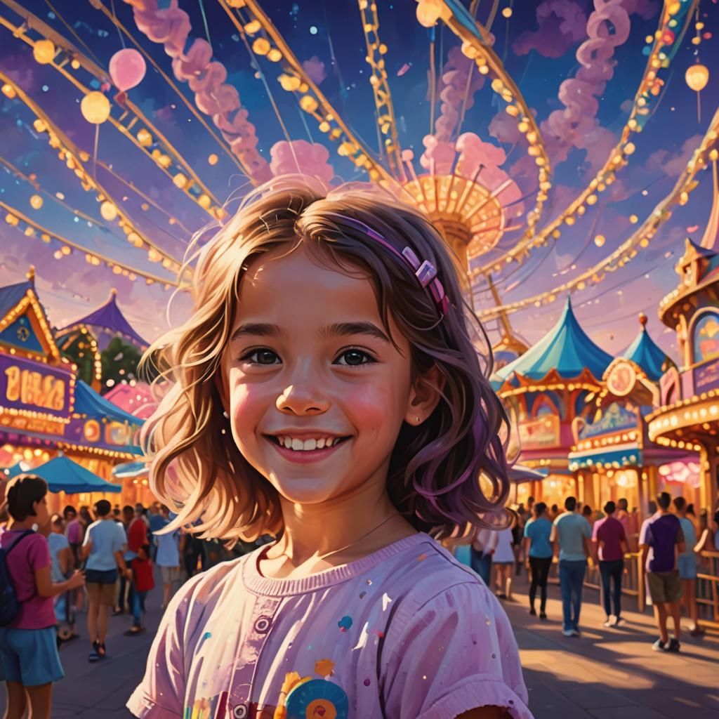 Girl Smiling in a Whimsical Amusement Park