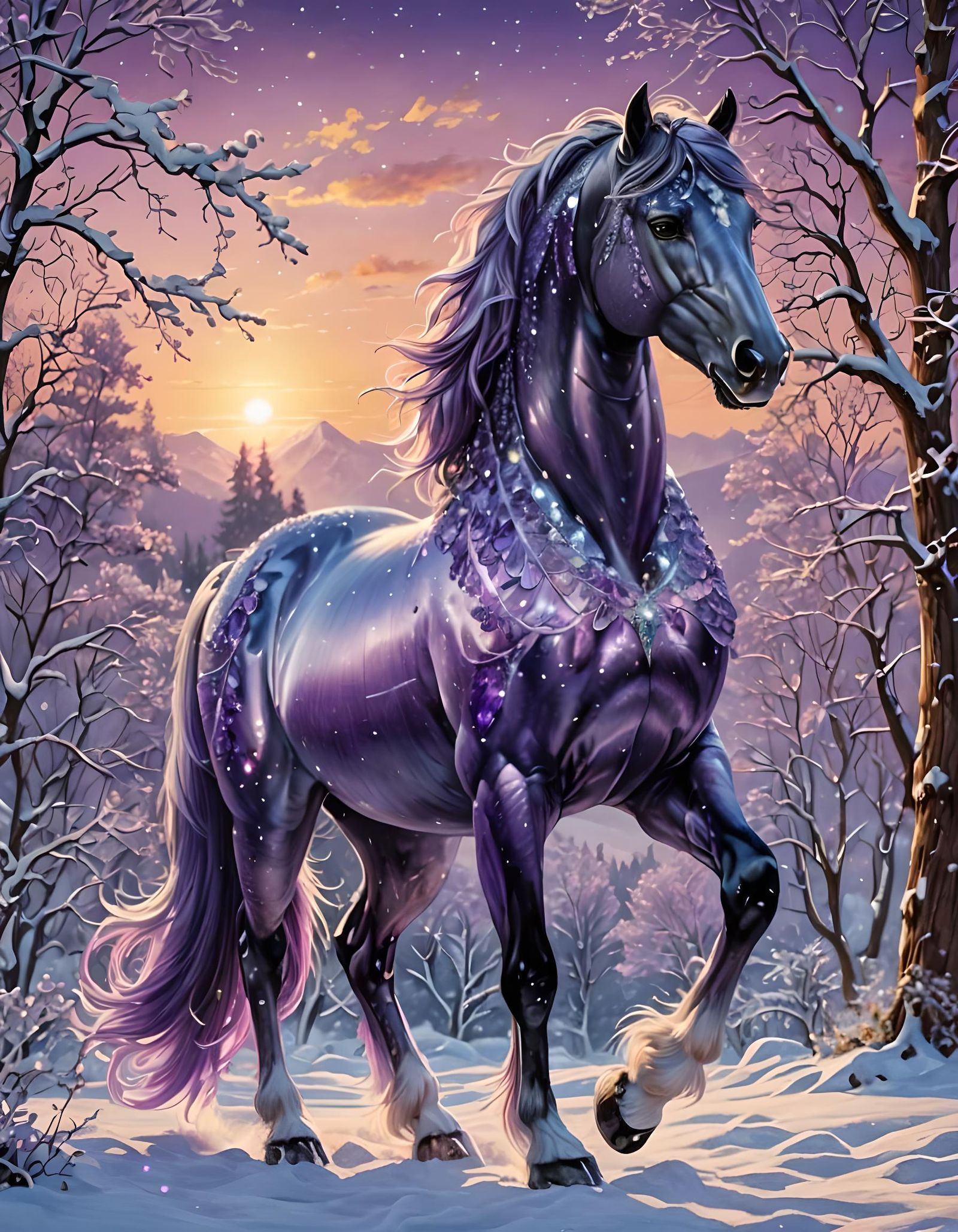 Amethyst Stallion in Winter Sunrise: Photorealistic Fantasy