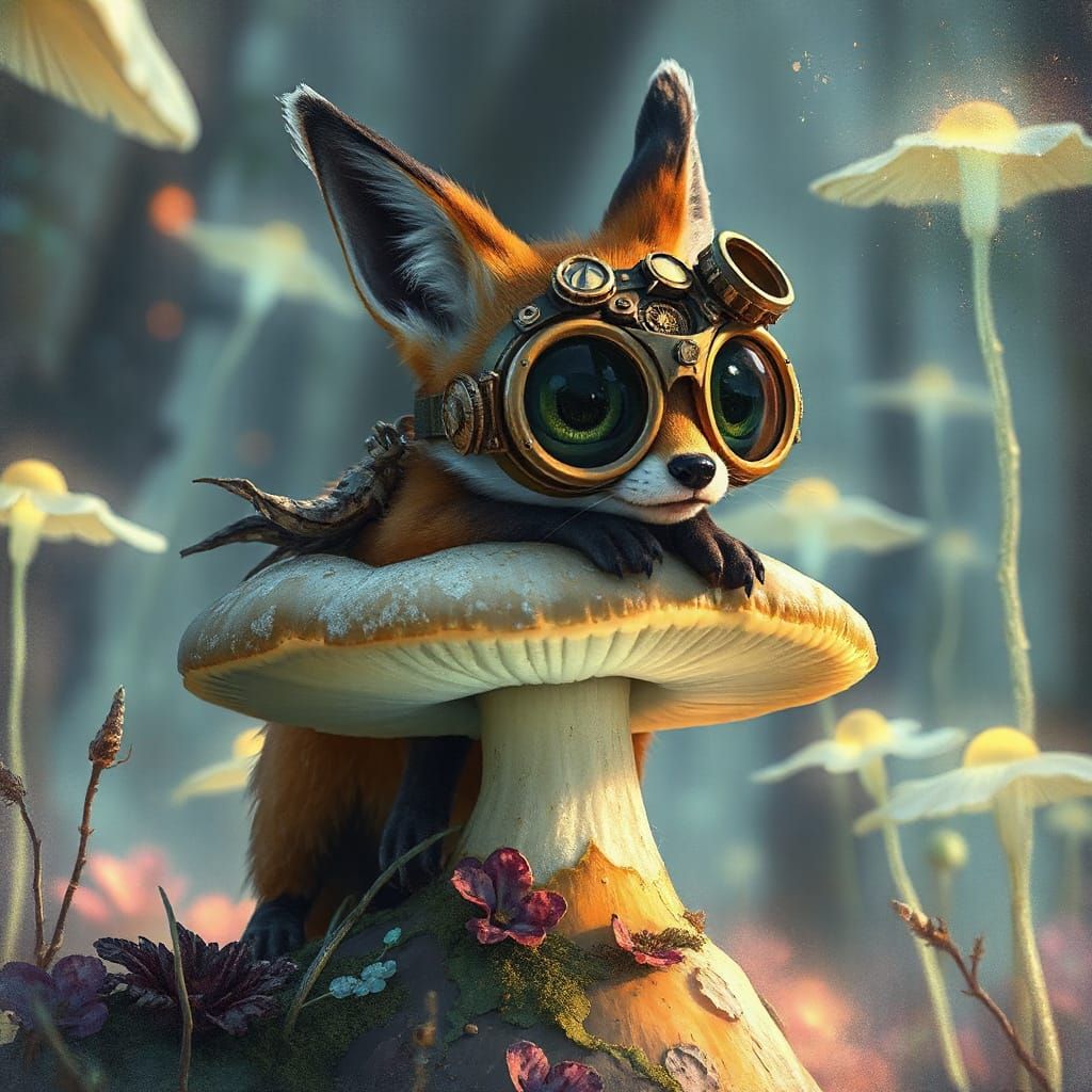 A whimsical fox creature adorned with intricate steampunk goggles and brass gears, perched atop a giant, ...  by @undefined