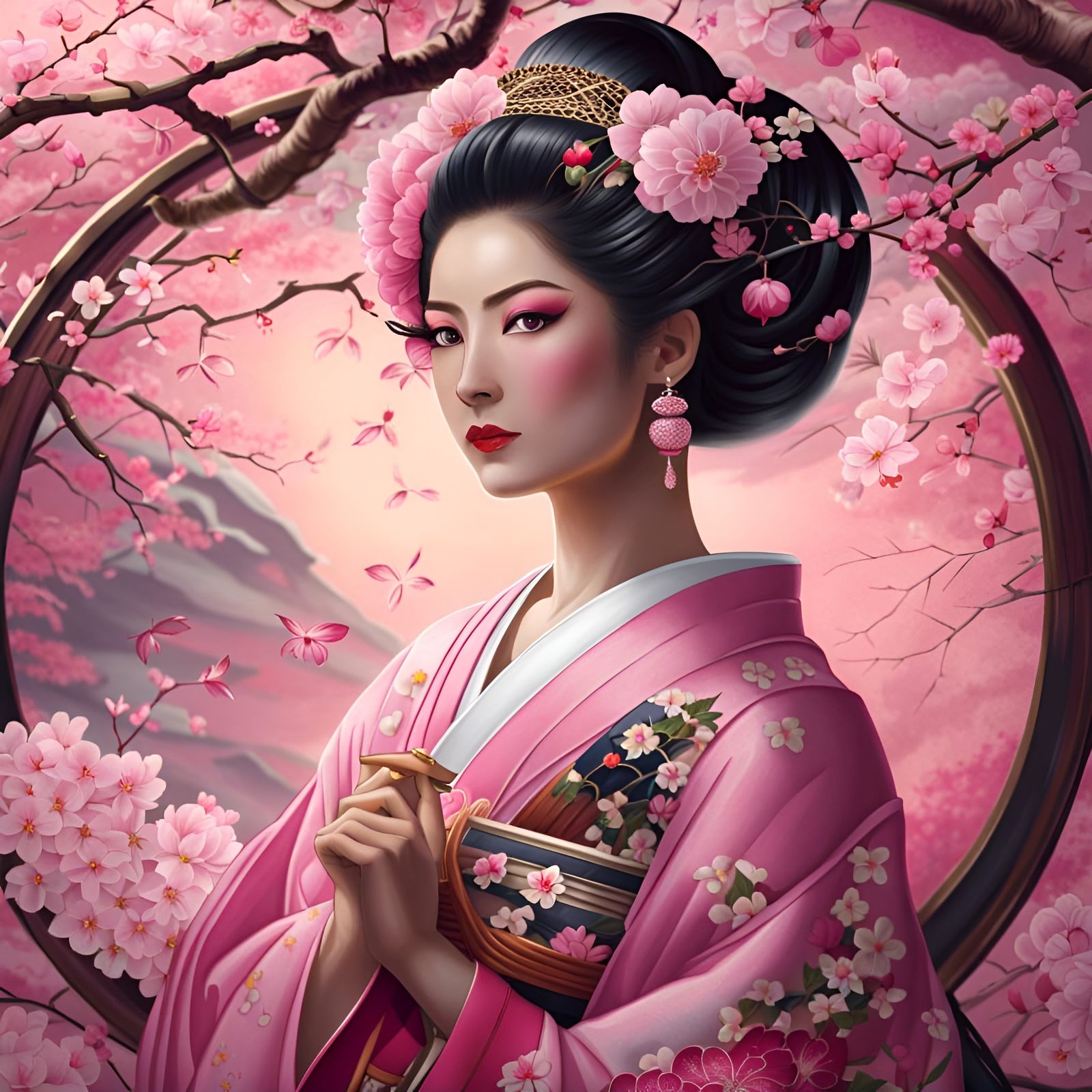 Elegant Geisha in Sakura Garden, Digital Painting