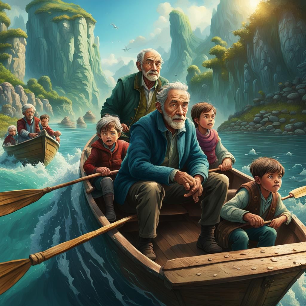  Old man and his grand children riding a small boat Cinematic fantasy landscape