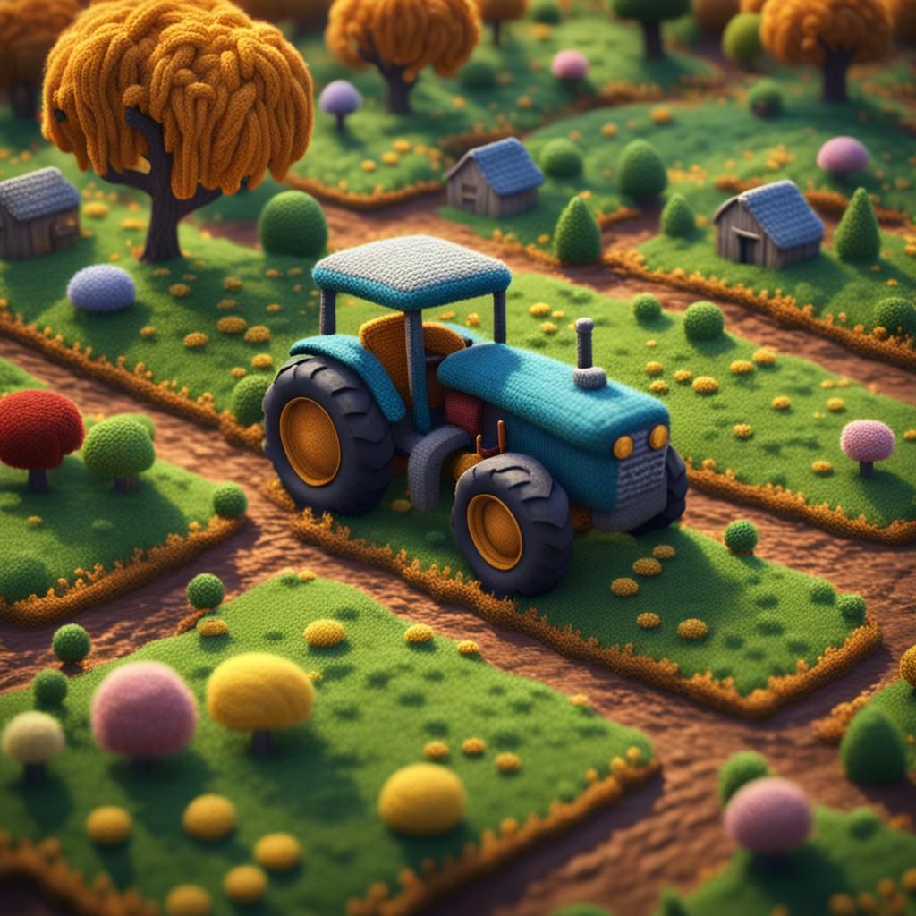 Small cute knitted tractor  knitted farm field