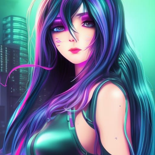 Cyberpunk anime girl, rainbow hair, on - AI Photo Generator - starryai