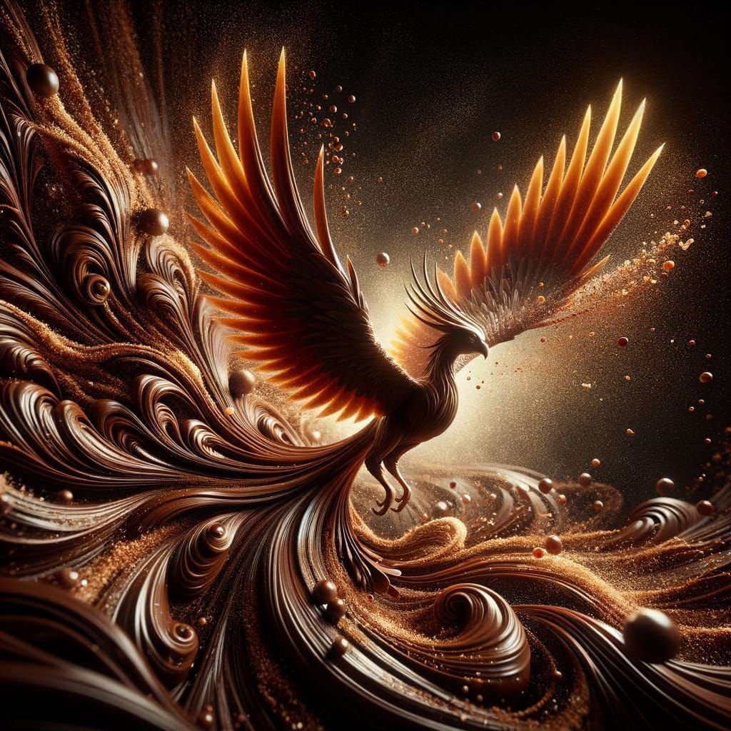 A majestic phoenix made of dark chocolate and caramel soars through a swirling galaxy of cocoa powder ...  by @Jlo