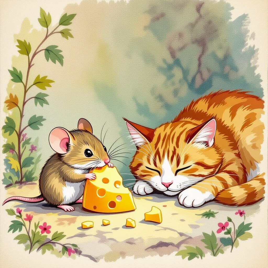 Brave Mouse Eats Cheese Beside Sleeping Cat in Whimsical Sty...