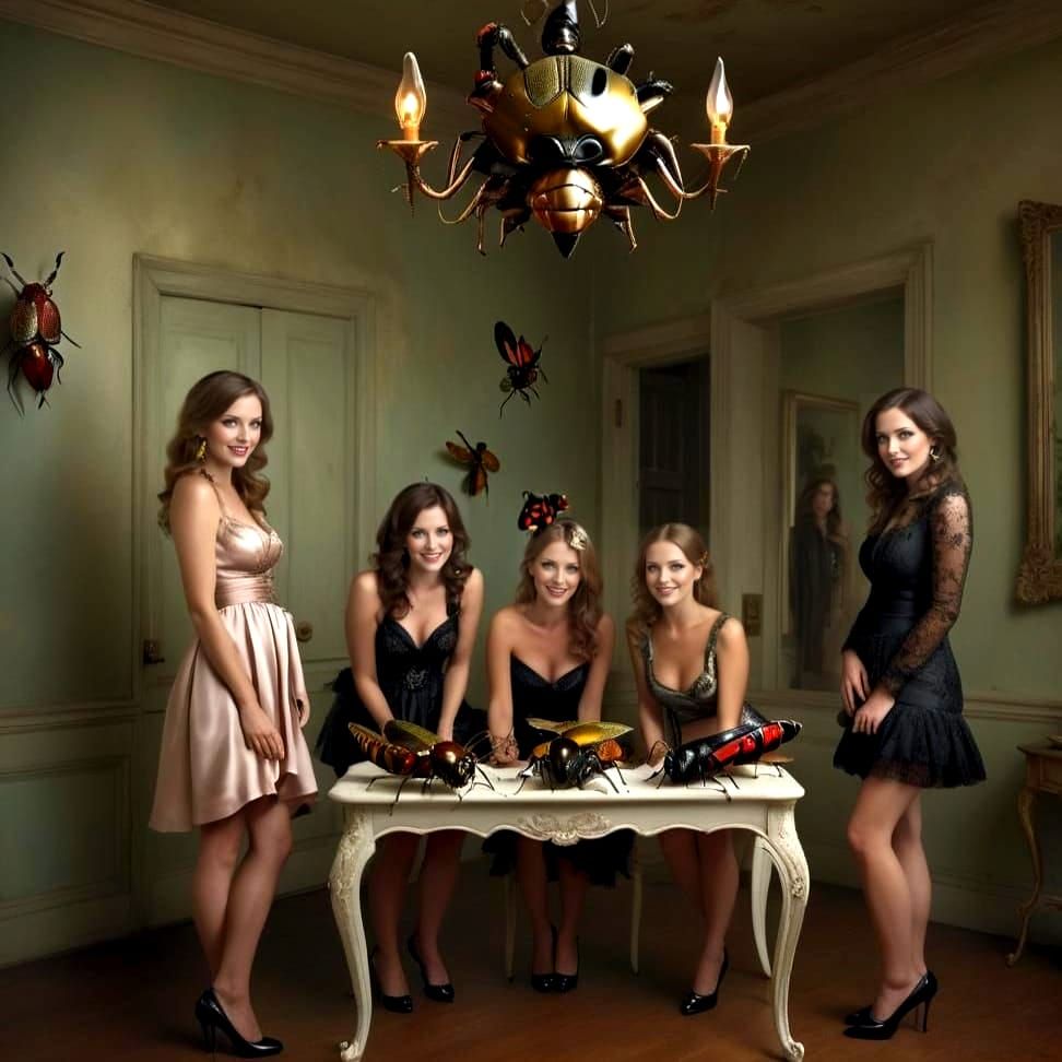 Elegant Ladies Play with Fantastic Insect-Like Creatures in...