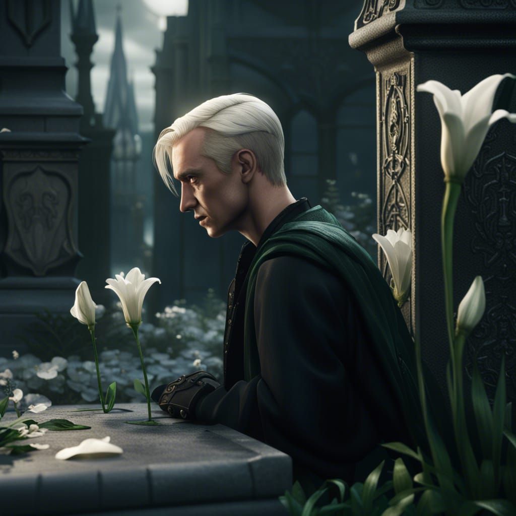 Draco Malfoy crying next to a tombstone with a white lily in his hand - AI  Generated Artwork - NightCafe Creator