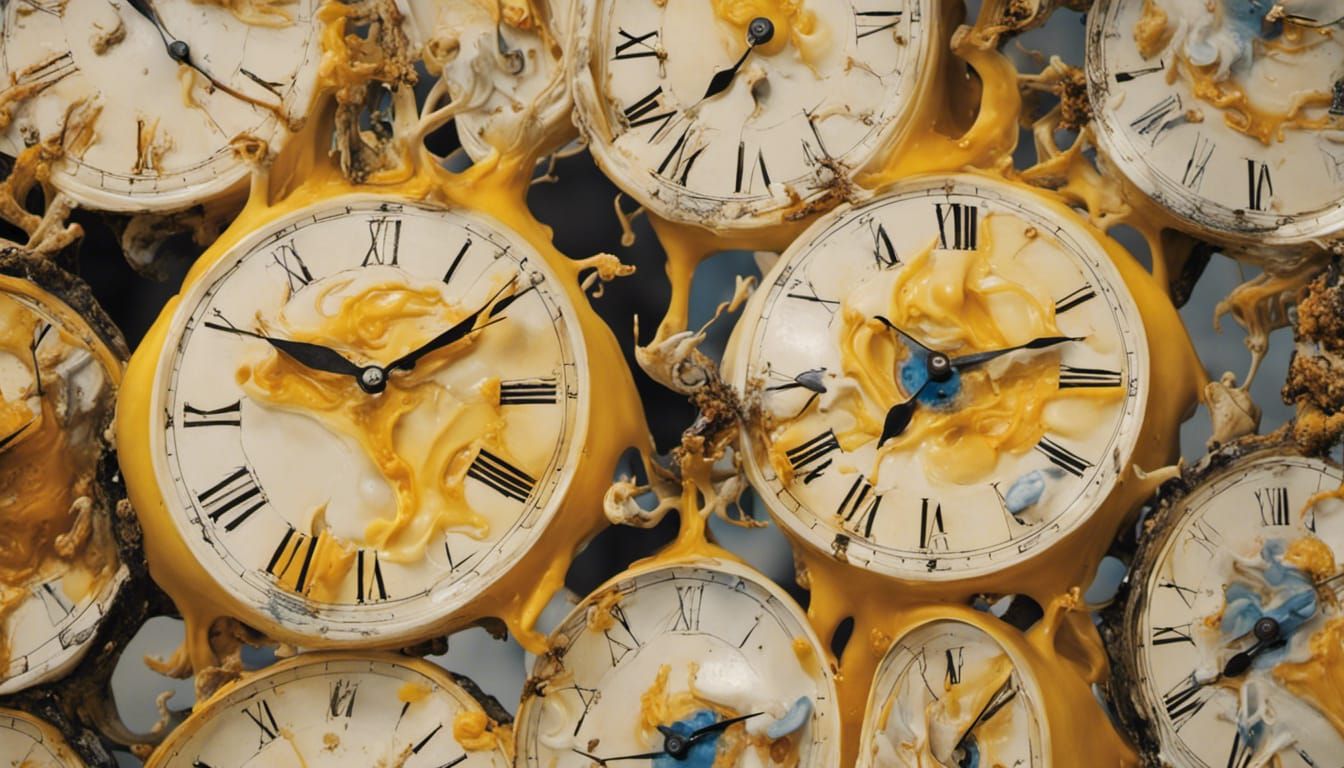 Salvador Dali's clocks made of flowing cheese. details, lots of color