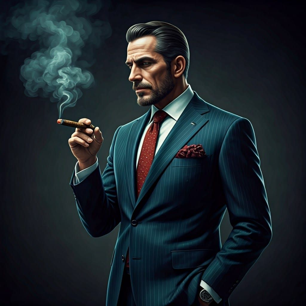 Wealthy Man Smoking Cuban Cigar in Syd Mead Style