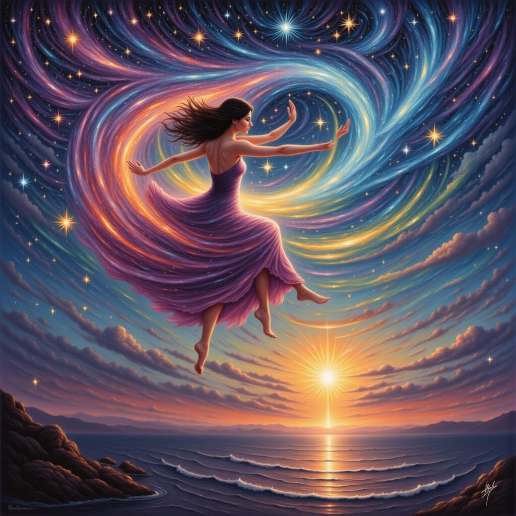 Spiritleena, under starlit skies (Skies)
Painting wonders with her vibrant sighs (Sighs)
In a realm where hopes ignite (Ignite)
She spins he...