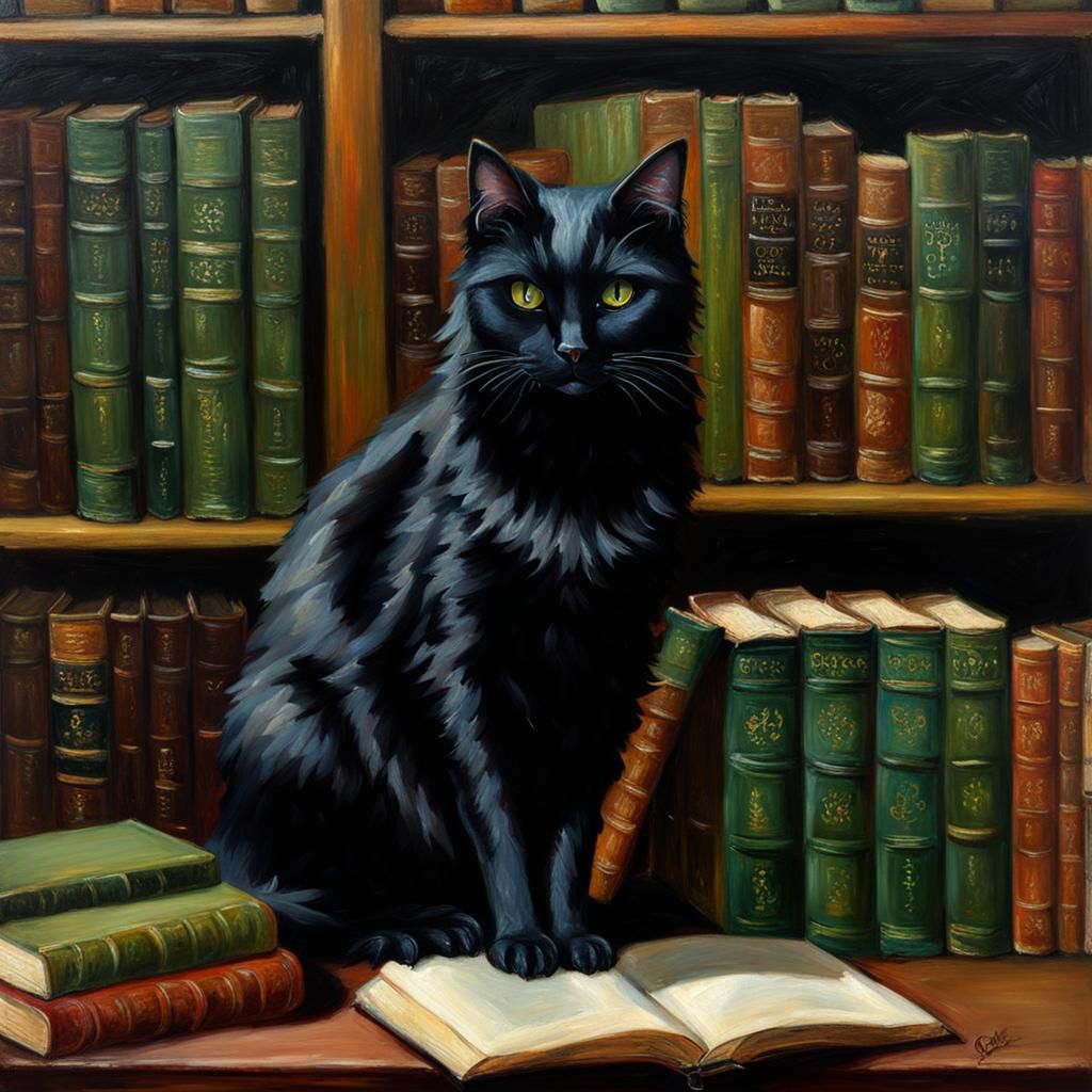 victorian library fluffy black cat green eyes books bookshel...