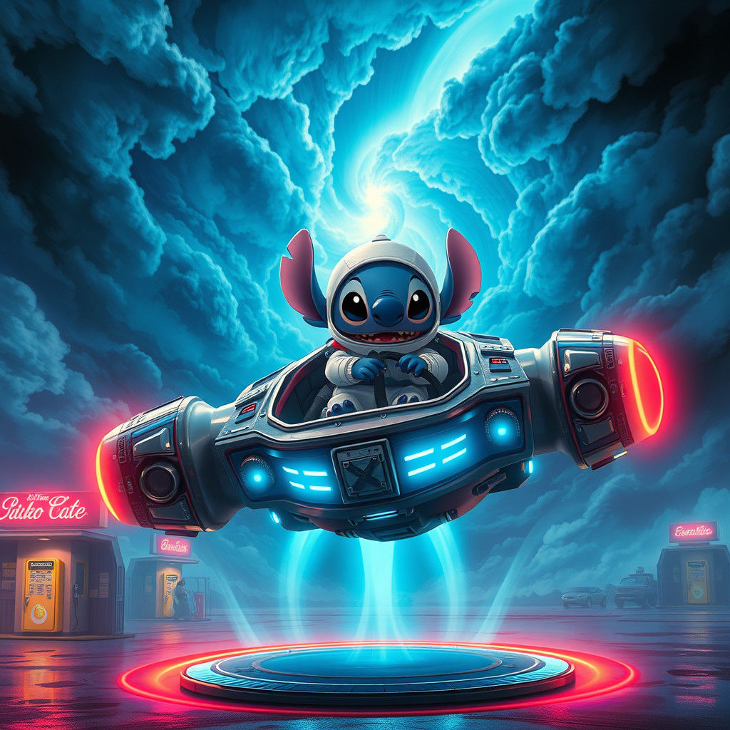 Stitch lands at the gas station  by @RocketCat