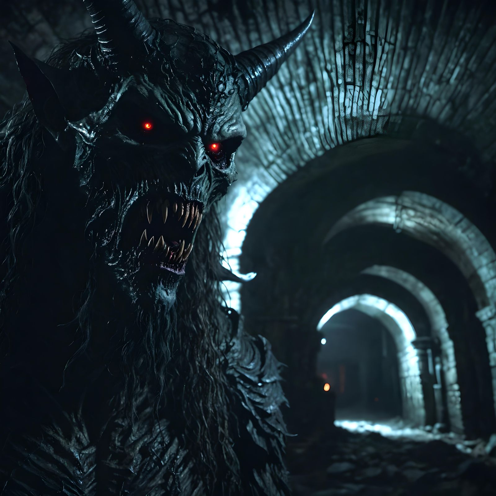 A creature of the night, demonic, evil, standing in a dark d...