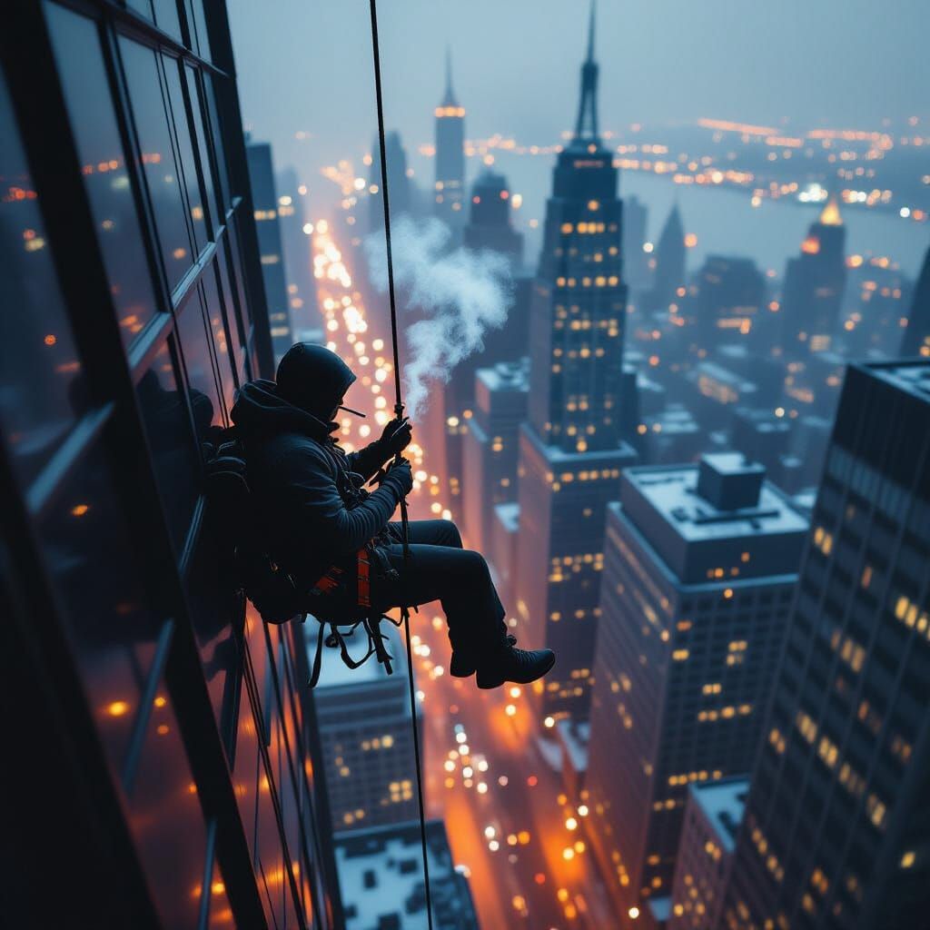 Man Rappelling Skyscraper While Smoking Cigarette