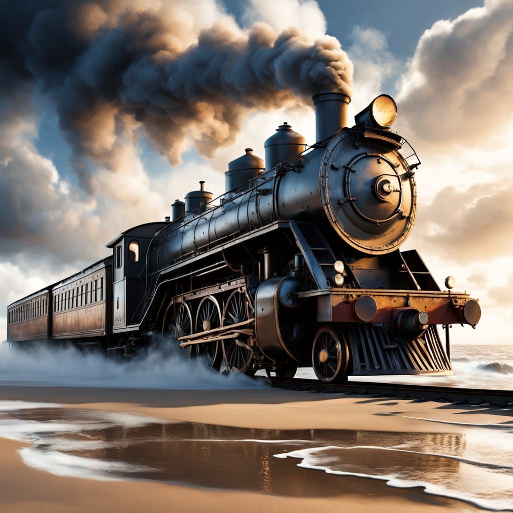 Create a dramatic, high-detail scene set at a coastal shoreline.
In the foreground, a massive old-fashioned steam train is positioned right ...