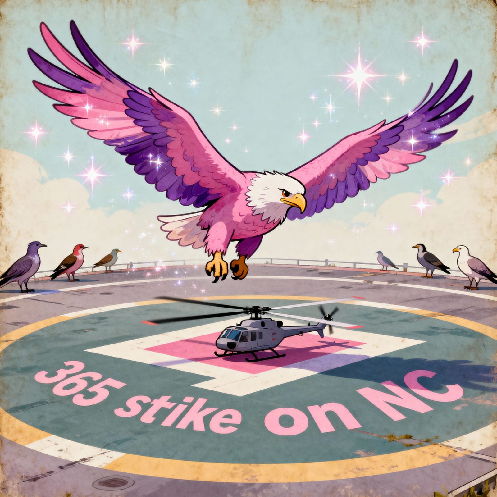 Magical Pink Eagle Lands on Helipad in Simple Style