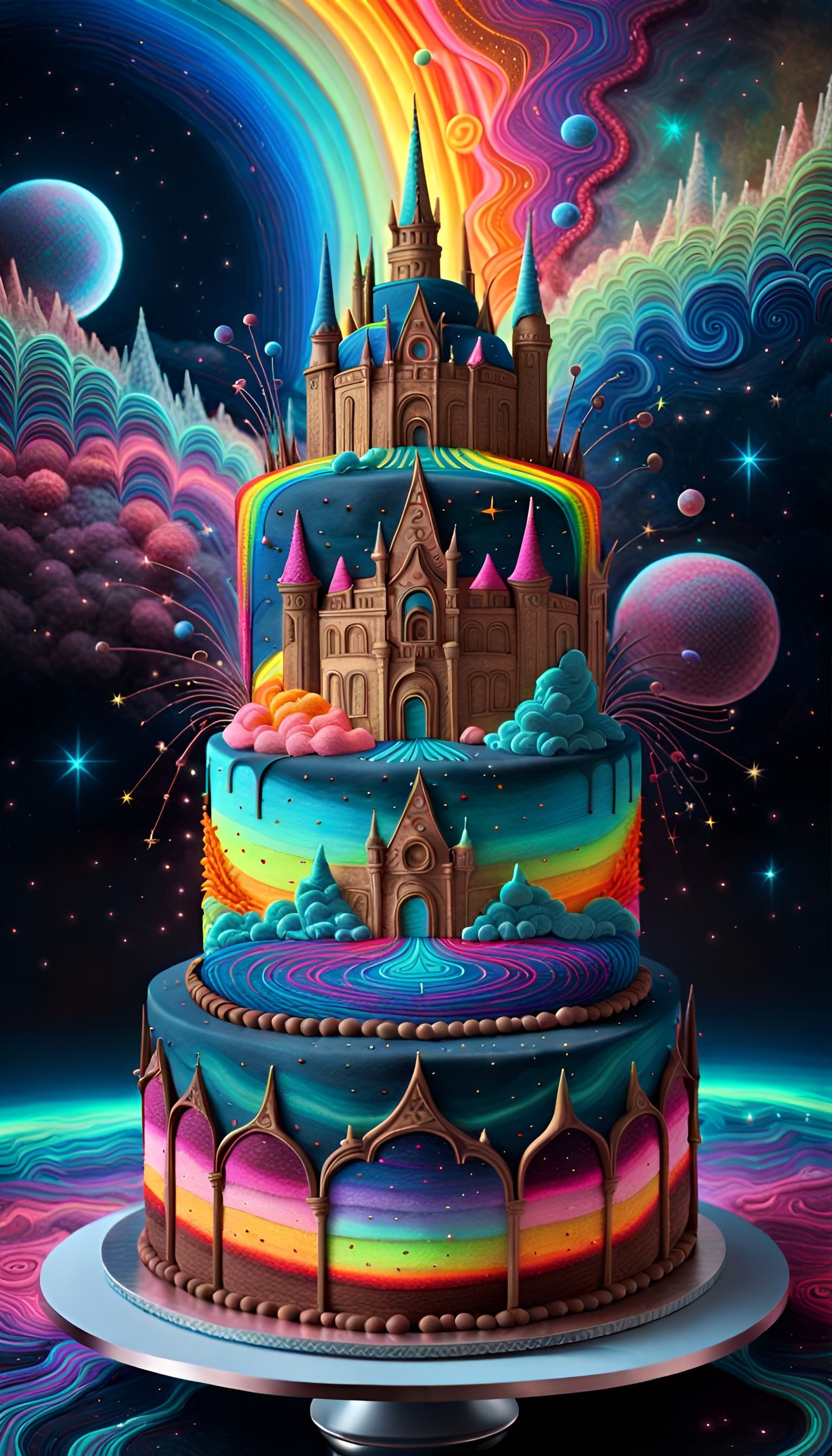 Sculpture CAKE of galactic landscape neon starry night,line art style.universe CAKE beautiful nebula ...  by @KAROL