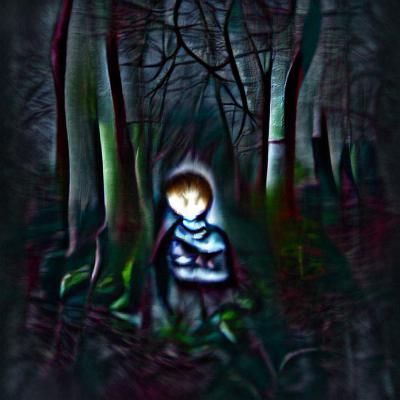 child lost in the dark woods flickering light