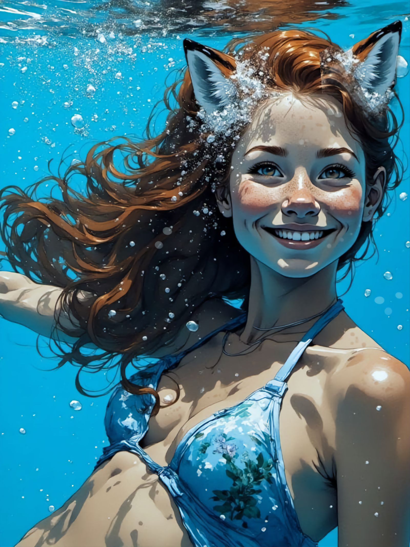 Fox-girl Vixen swimming under water in a pool