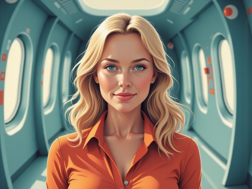 Close-up portrait. A beautiful Polish woman smiles wistfully, standing in a spaceship corridor. <lora:Cosmic Clear Pop:1.0> Vibrant colours ...