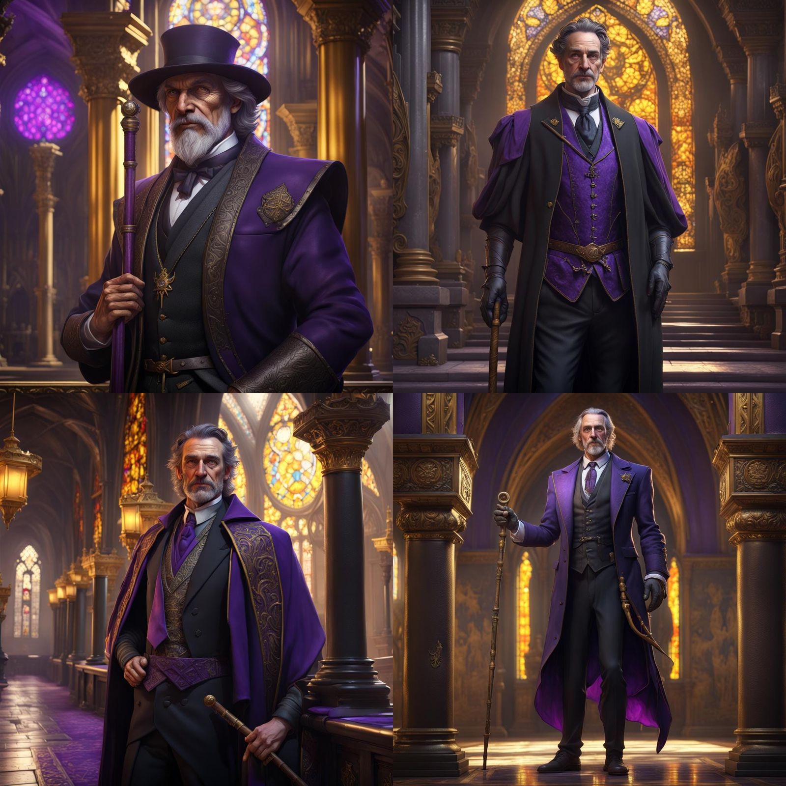 Rich medieval diplomat, black suit with a cane in hand, smir...