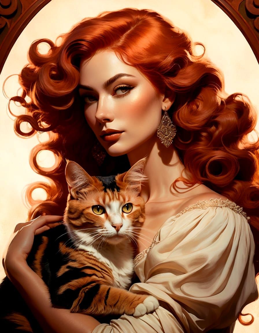 Redhead Nude with Cat in Frank Frazetta Style