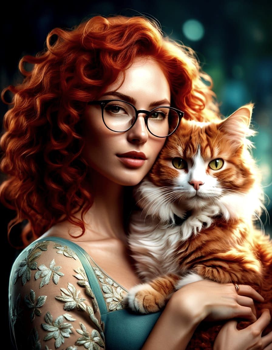 Redhead Nude Holding Cat in Frazetta Style