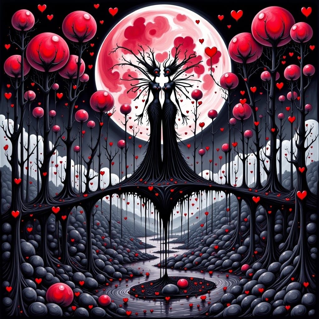 <lora:My Darking Valentine:1.0> Hellraiser and his wife on eerie surreal colorful ink gothic bridge above a river, odd, creepy, pinhead,  ma...