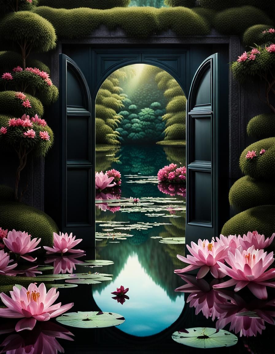 A beautiful lily pond surrounded by rhododendrons, partly op...