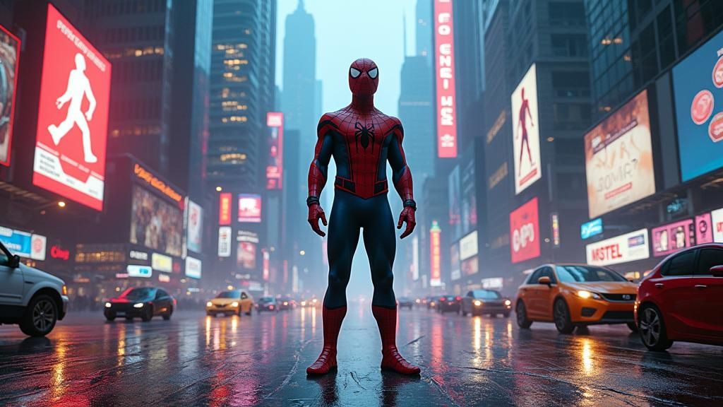 spiderman standing at the center of a cyberpunk-themed city with buildings,lights,vehicles and facing towards front