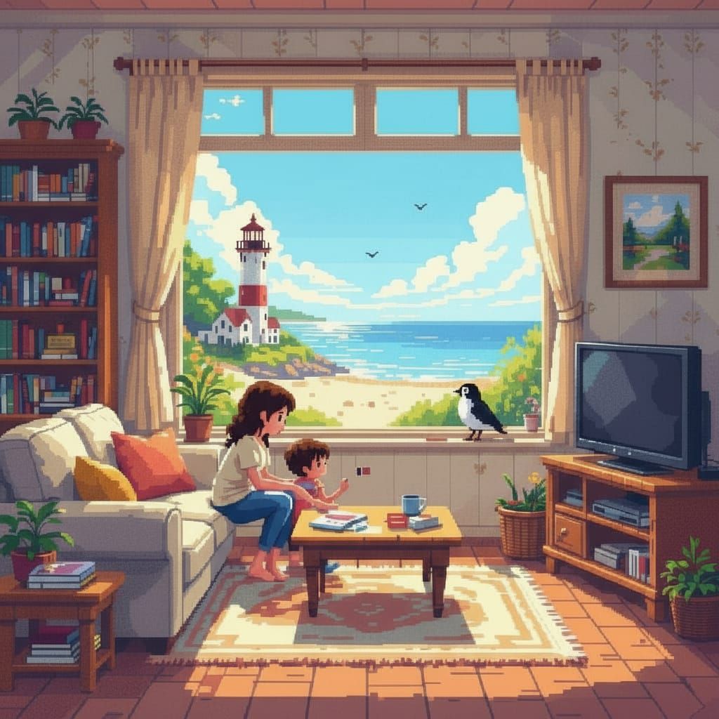 Style pixel art 8 bits rich in details of a beautiful living room with window over the beach where a bird just decided to stop by, a mother ...