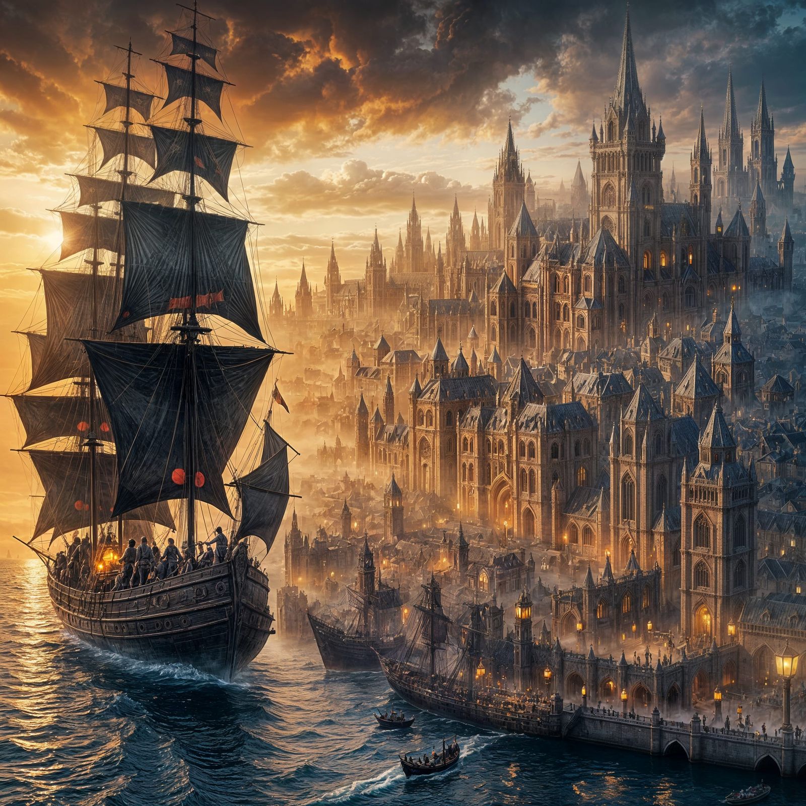 Epic Gothic Port City at Sunset
