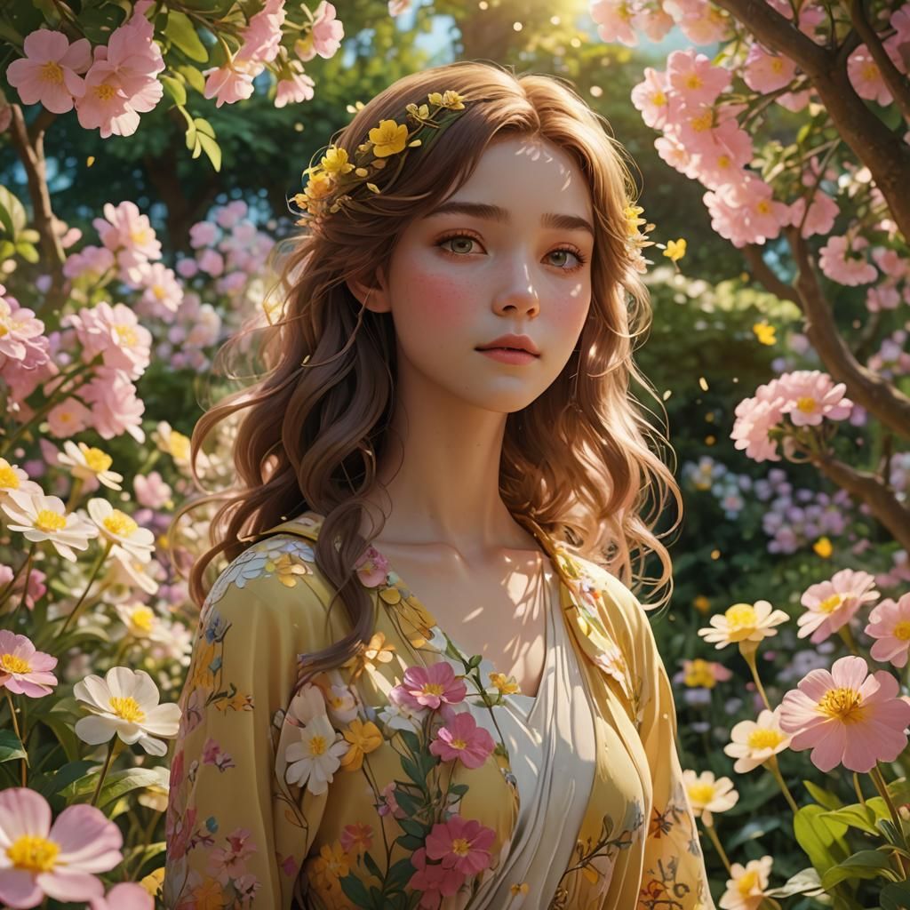 Anime Woman in Lush Garden, Volumetric 3D Art