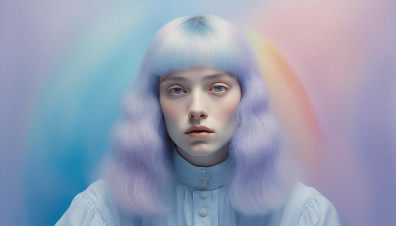 La petite mélancolie, en 1895, lithographie surréaliste dans les tons pastelles dans les dégradés arc en ciel à la façon de Jean Delville