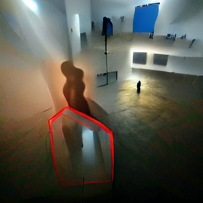 Shadow figure in a vacant art gallery 8k resolution hyperrealism volumetric lighting