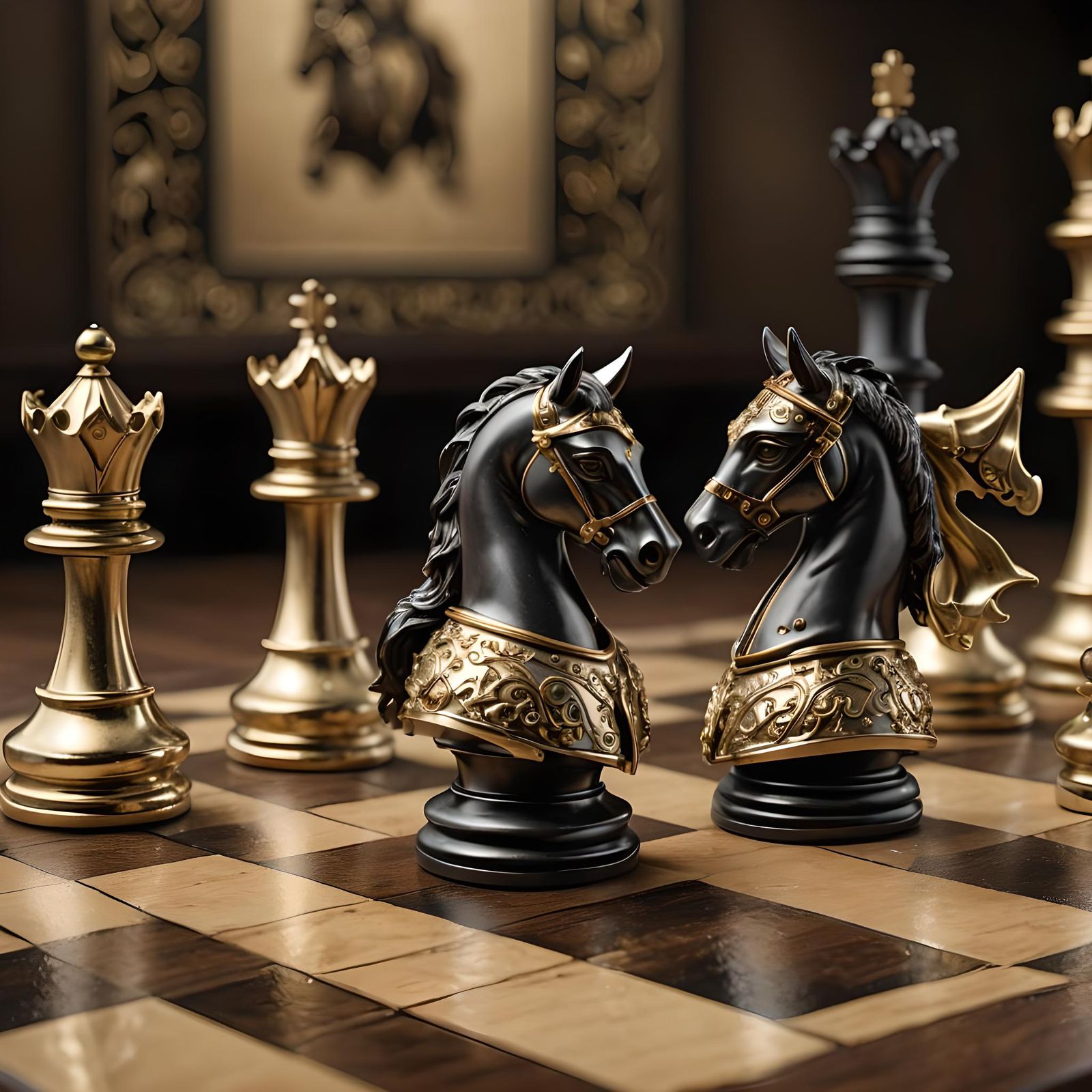 Create a high-resolution photorealistic image of a knight chess piece with gold, black and cupper accents, ...  by @Artificial Intelligence Artist