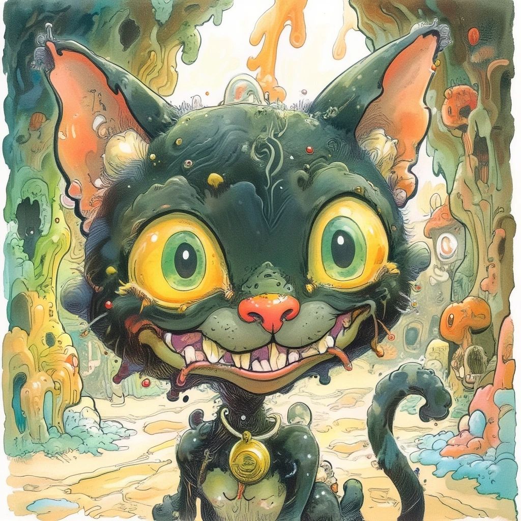 Create an image of a curious black cat with bright golden ey...