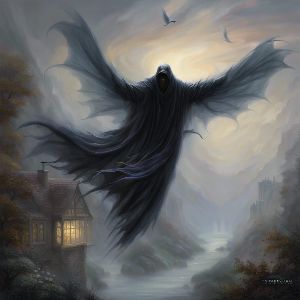 A dementor flying through the air with large black wings with trailing ...