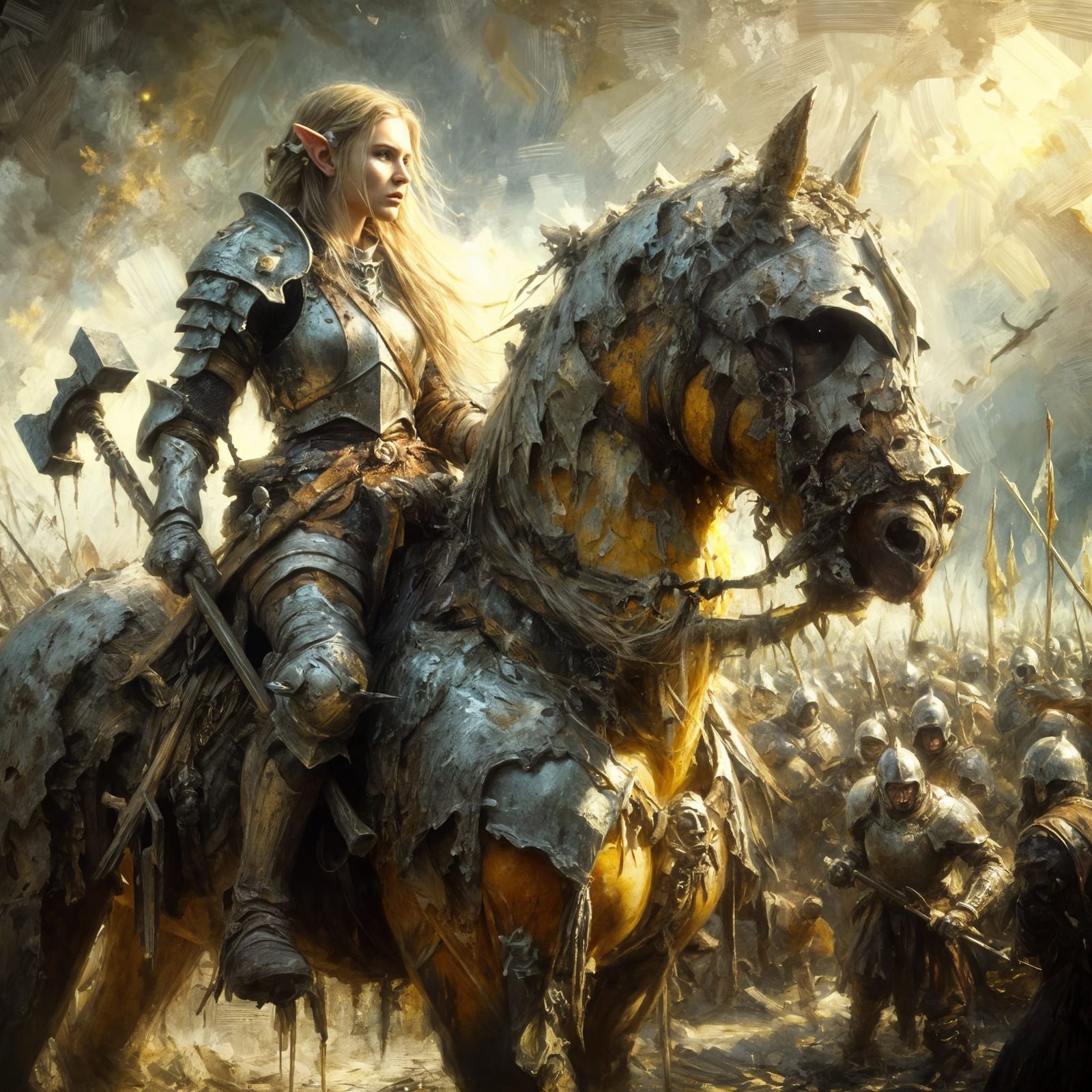 Blonde Elf Warrior Rides Armored Beast in Sunlit Battle