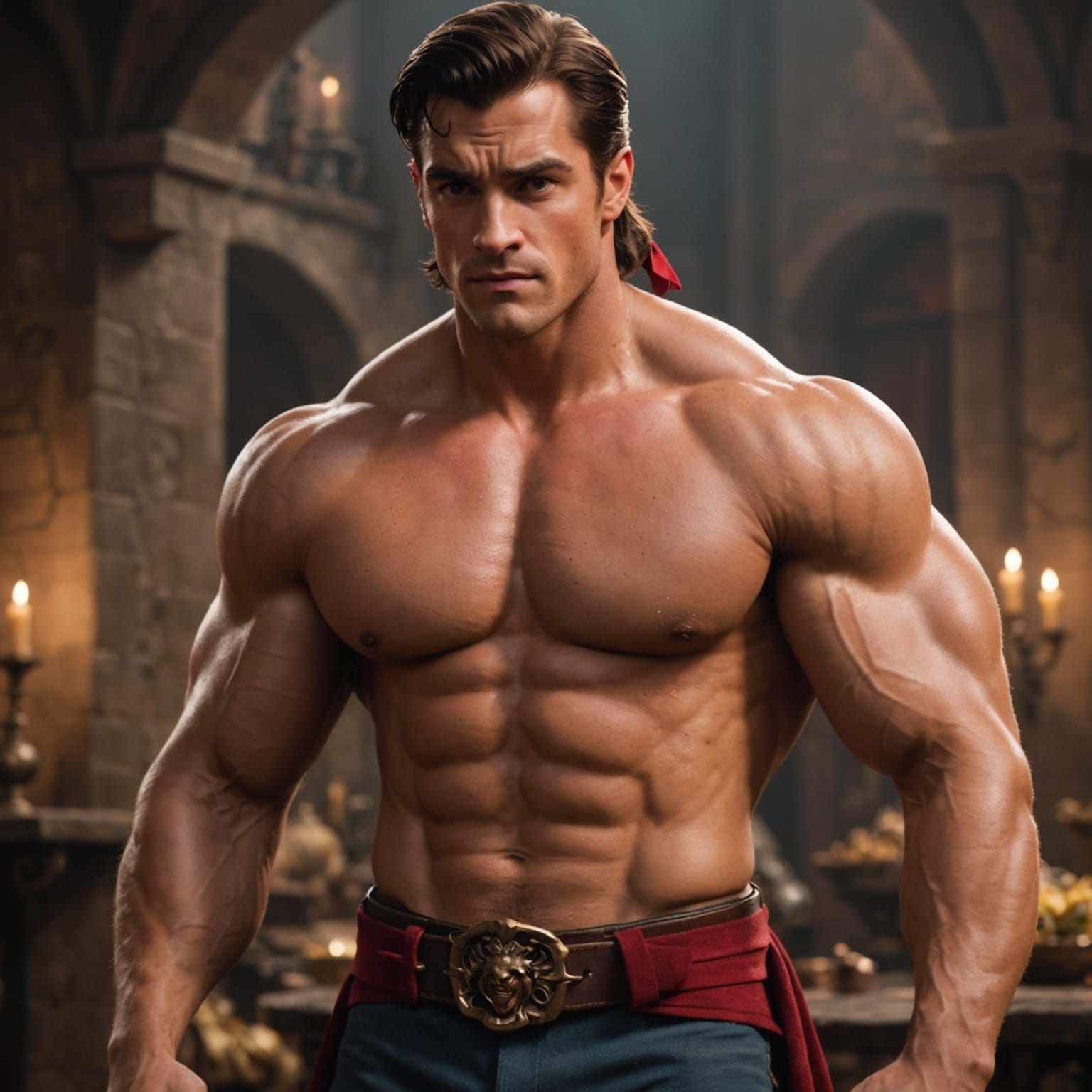 A photorealistic, cinematic depiction of Gaston from 'Beauty and the Beast'. He is a muscular, tall, and handsome man with a square jaw, bla...