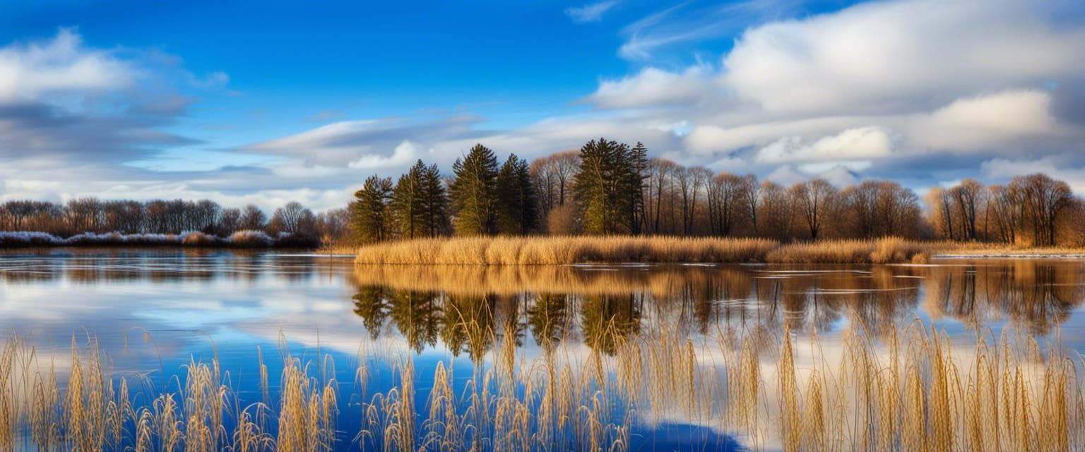 bright winter blue sky, some clouds over a still lake with strong reflection, yellow orche grasses in foreground, Profes...