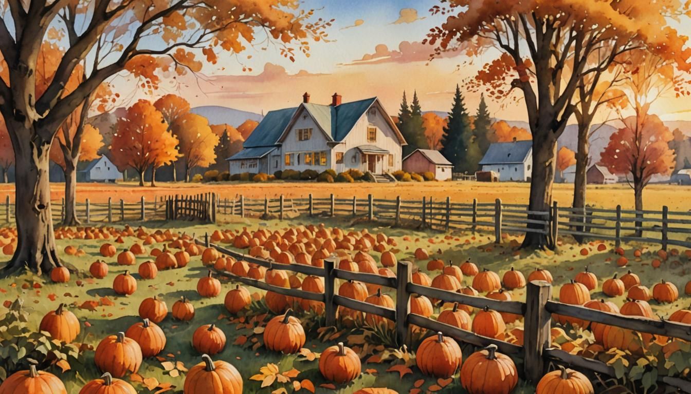 Rustic Autumn Scene: A peaceful, rustic farm with rows of pu...