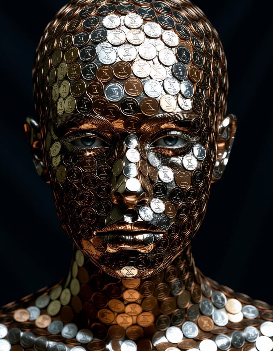 A surreal portrait where the subject's face is intricately formed by a mosaic of pennies and silver coins, ...  by @Dream Ai