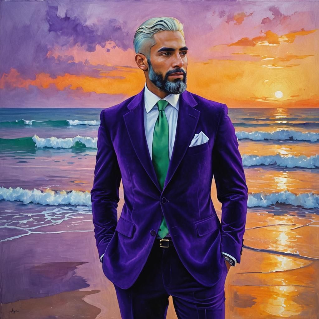 Sunset by the sea. A handsome man on the beach wearing a purple velvet ...