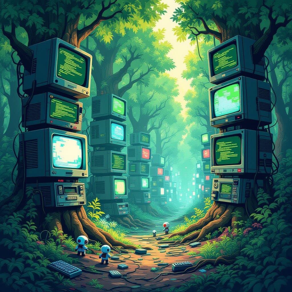 A whimsical forest where the trees are towering stacks of vintage computer monitors, their screens displaying scrolling green text and pixel...